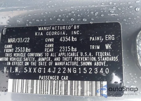 2022 Kia K5 Lxs z USA, uszkodzony, nr VIN 5XXG14J22NG152340